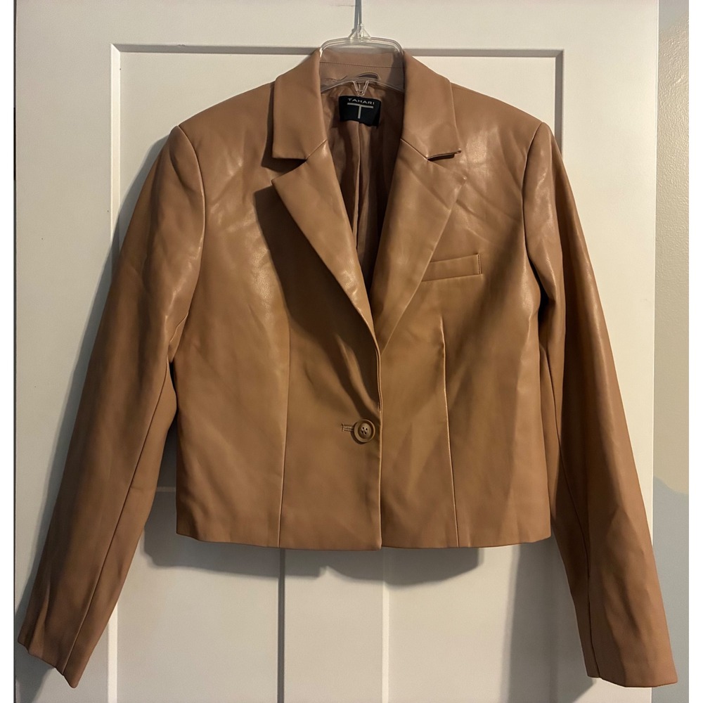 Faux Leather Blazer Tahari Tan Camel Single Button Cropped Jacket Womens Size M